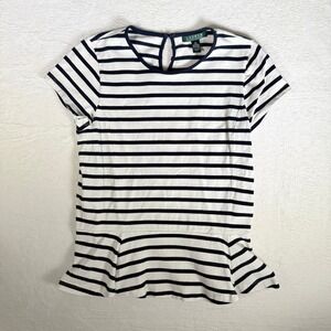 Lauren‎ Ralph Lauren Striped Peplum Cotton Navy White Short Sleeve Women's Sz M